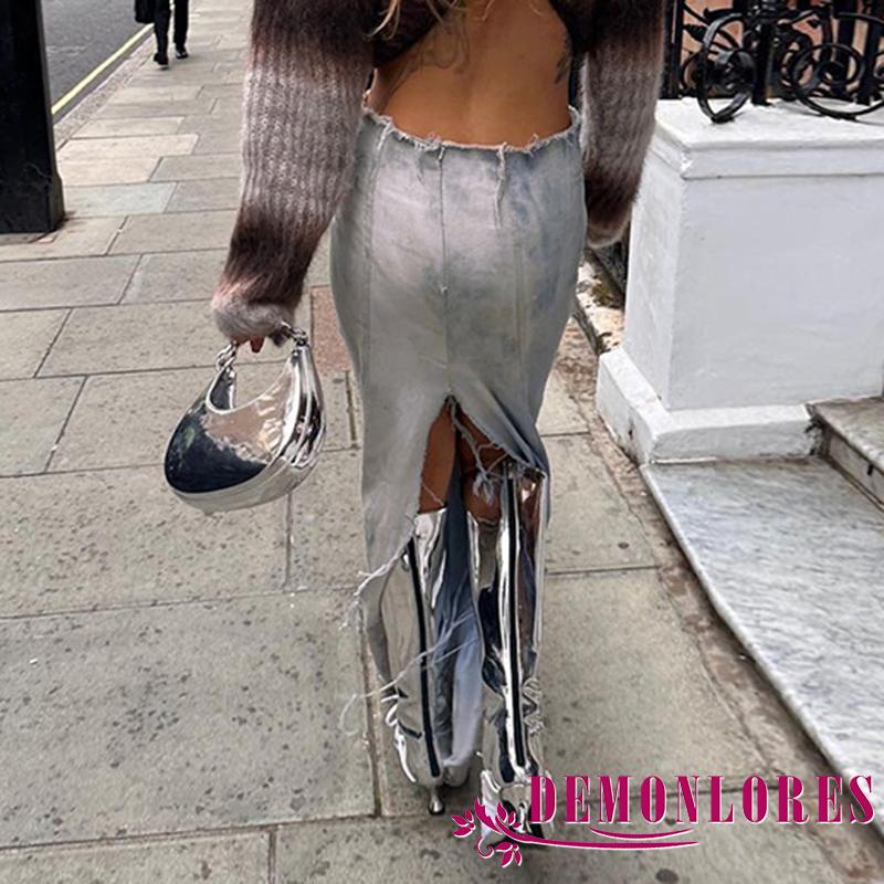 Demonlores-đầm Jean Dài Thẳng Eo Thấp Xẻ Tà Phối Màu Nhuộm Y2K Quyến Rũ Cho Nữ