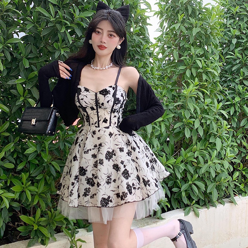 IELGY  Đầm Hai Dây Phối Lưới Họa Tiết Hoa Dáng Ôm Thời Trang Cho Nữ