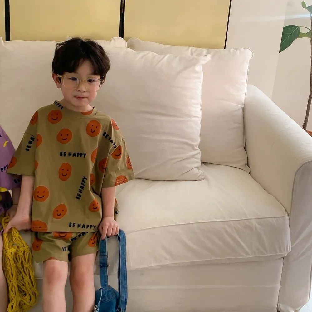 Set Áo Thun Ngắn Tay In Hình Mặt Cười Hoạt Hình Và Quần Short Thời Trang Mùa Hè Phong Cách Hàn Quốc Cho Bé