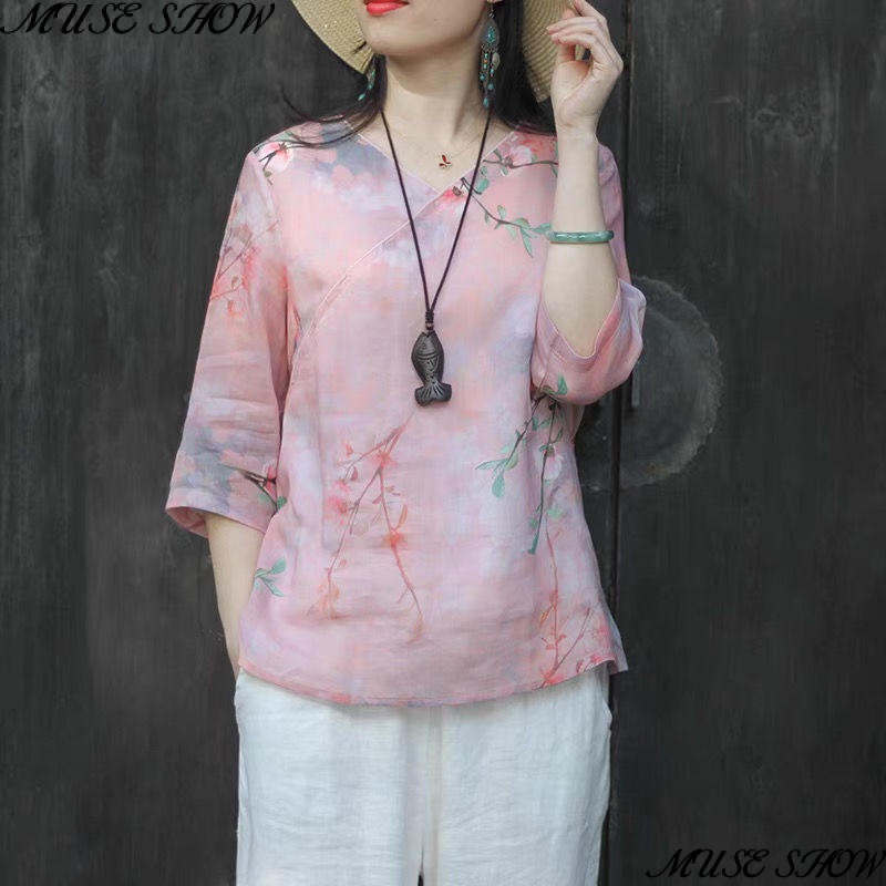 Áo Sơ Mi Vải Lanh Cotton Tay Lửng Cổ Chữ V Thời Trang Cao Cấp Phong Cách Trung Hoa Cổ Điển Cho Nữ 2023 Ramie 8GE6