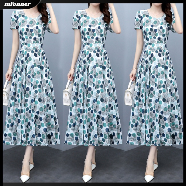 Đầm Dài Ôm Dáng Tay Ngắn Cổ Tròn In Họa Tiết Chấm Bi Kích Thước Lớn Thời Trang Mùa Hè Cho Nữ