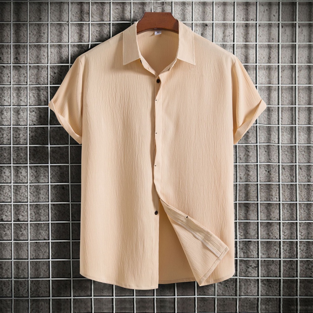 Áo Sơ Mi Nam Tay Ngắn Dáng Rộng Bằng Cotton & Lanh Màu Trơn Kích Thước Lớn / Xanh Navy / Xanh Dương / Nâu / Kaki / Đỏ Rượu / Tím / Cam / Xanh Lá / Xanh Lá Mới 2023