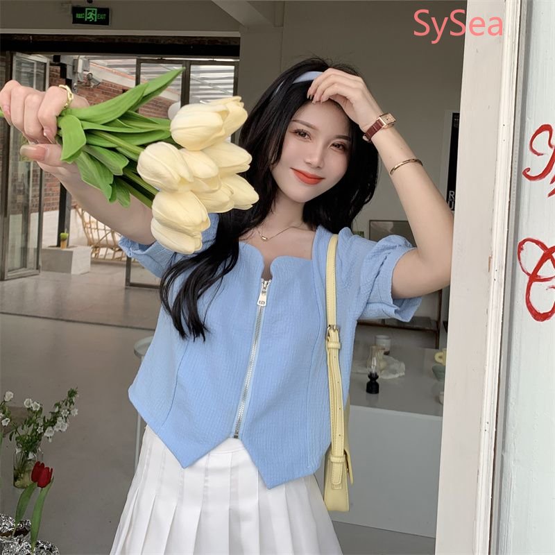 Áo Kiểu Cổ Vuông Phối Khóa Kéo Phong Cách Hàn Quốc Cho Nữ