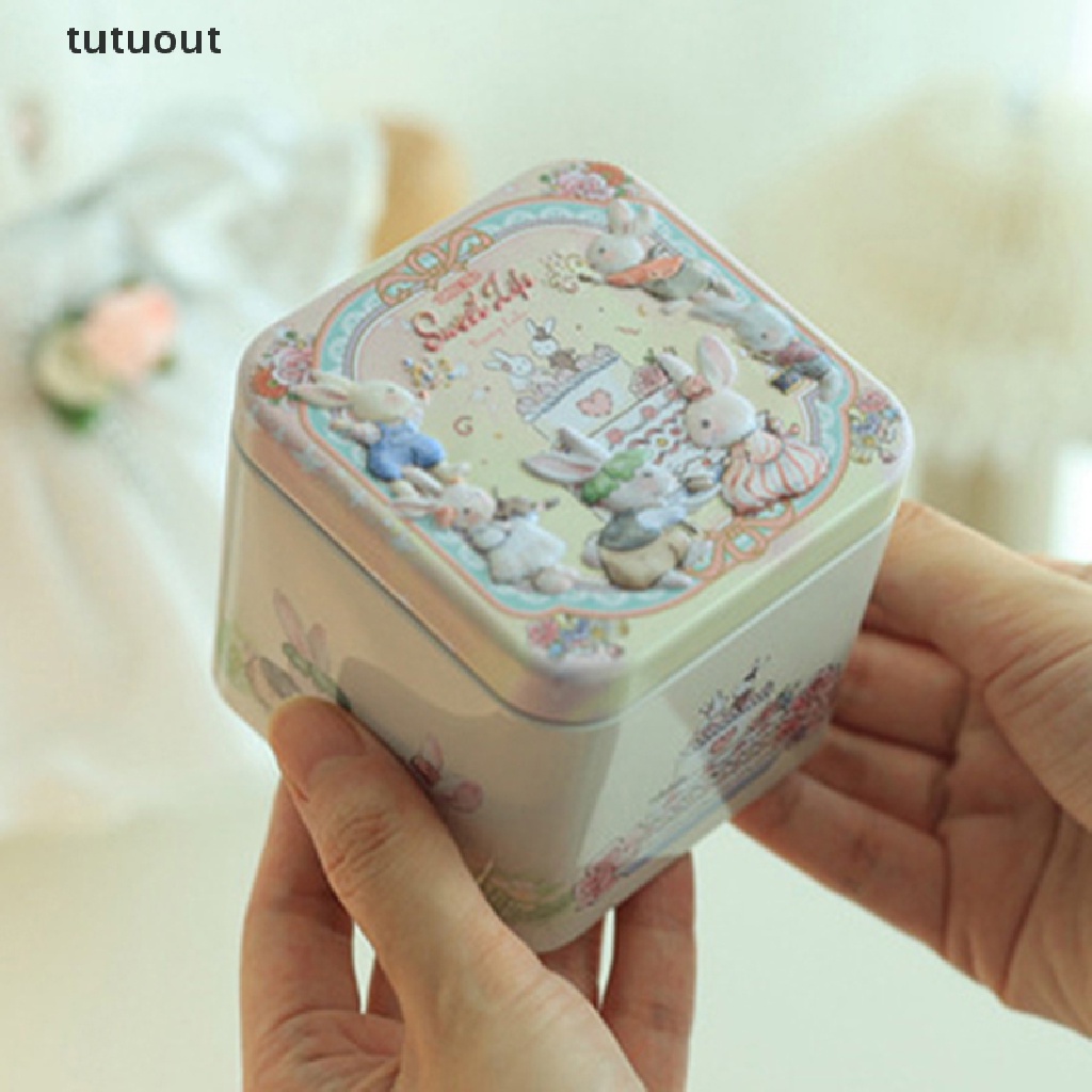 Hộp Thiếc Đựng Kẹo Hình Vuông In Họa Tiết Thỏ Phục Sinh Dễ Thương