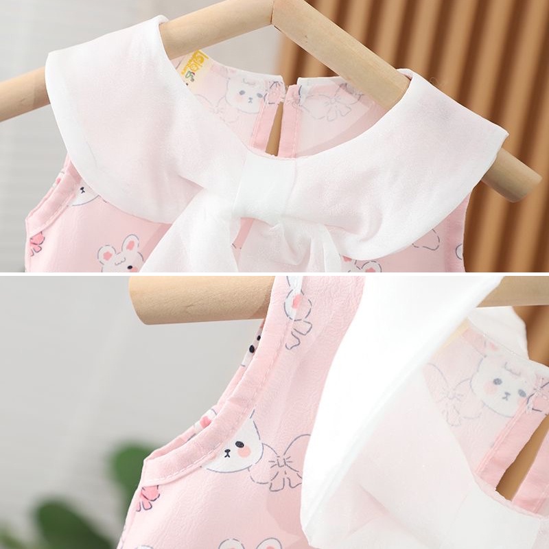 Đầm Công Chúa Cổ Bẻ Phối Lưới Họa Tiết Thỏ Hoạt Hình Phong Cách Hàn Quốc Cho Bé Gái 0-5 Tuổi