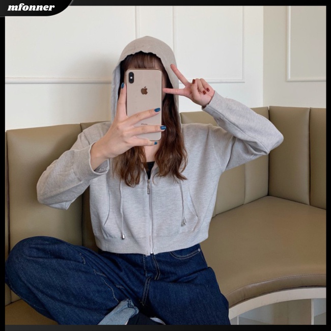 Áo Khoác Cardigan Lửng Có Nón Trùm Đầu Phối Dây Rút Dài Tay Trọng Lượng Nhẹ Toàn Diện Cho Nữ