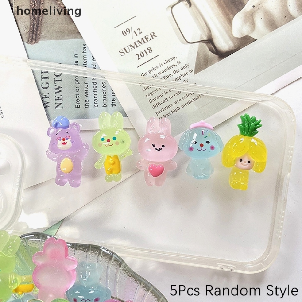 Bộ 5 Tượng Thỏ / Gấu Hoạt Hình Màu Dạ Quang Trang Trí Ốp Điện Thoại DIY