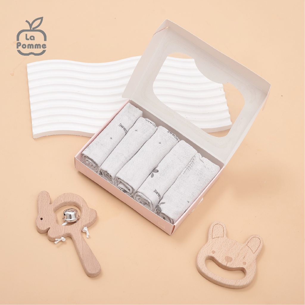 (MamanBébé chính hãng)(THÁNG 12 - MUA 2 GIẢM 5%, MUA 3 GIẢM 10%) K001 Set 5 khăn sữa sợi tre lụa La Pomme - 30x30cm Hươu