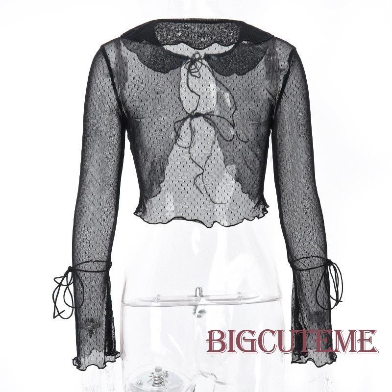 [] Áo Crop Top Màu Đen Tay Dài Dáng Ôm Hở Phía Trước Thời Trang Xuân Hè Dành Cho Nữ