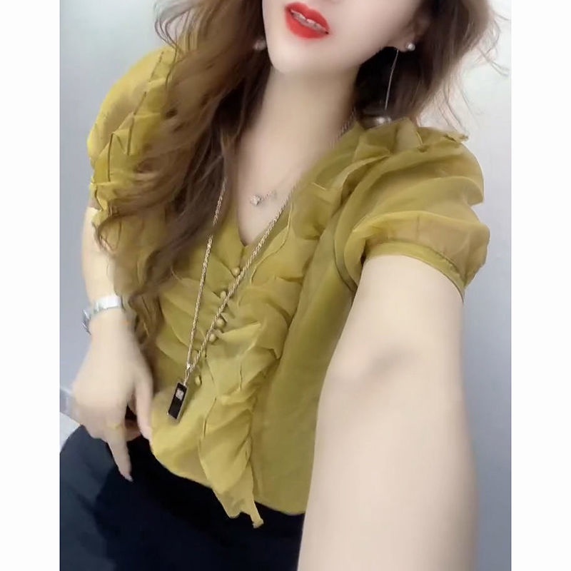 Áo Sơ Mi Tay Ngắn Cổ Chữ V Màu Trơn Phong Cách Thời Trang Phương Tây Thời Trang Mùa Hè 2023