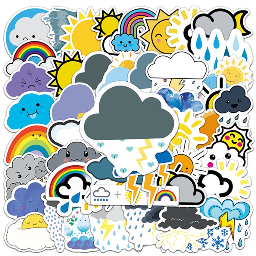 Bộ 100 Cái ❉ Sticker Dán Trang Trí Hình Biểu Tượng Cảm Xúc Thời Tiết Vui Nhộn ❉ Sticker Dán Tường Chống Thấm Nước Họa Tiết Doodle Hợp Thời Trang