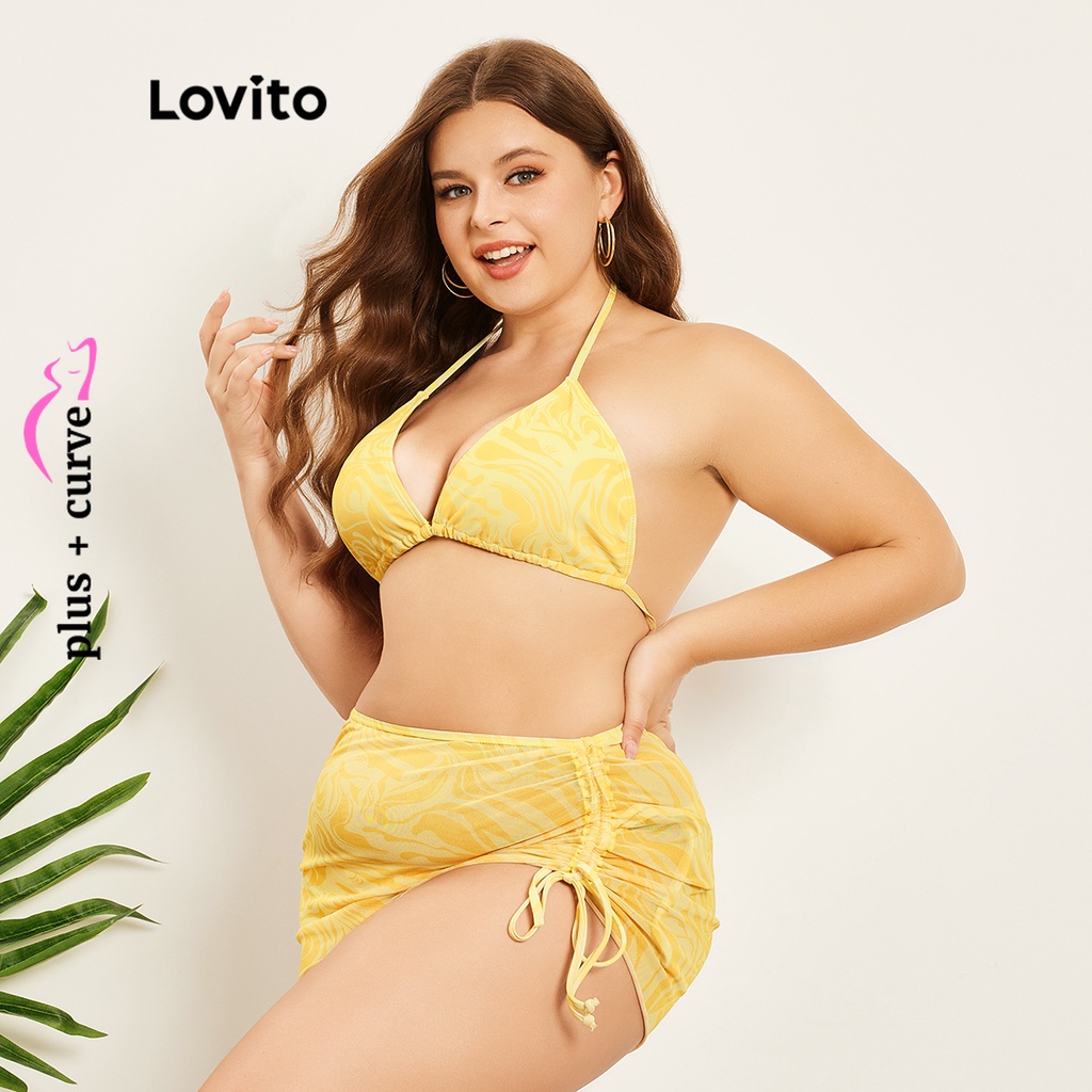Bộ đồ bơi bikini Lovito phối lưới dây mảnh nhiệt đới thường ngày tôn đường cong size lớn cho nữ LPS07075 (Màu vàng)