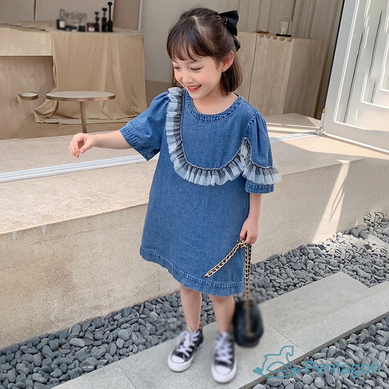 Đầm Denim Cổ Tròn Tay Phồng Màu Trơn Thời Trang Hàn Quốc Xinh Xắn Cho Bé Gái