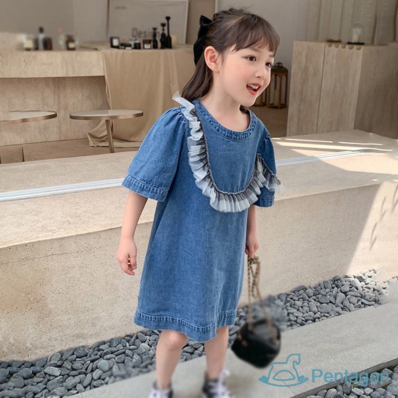 Đầm Denim Cổ Tròn Tay Phồng Màu Trơn Thời Trang Hàn Quốc Xinh Xắn Cho Bé Gái