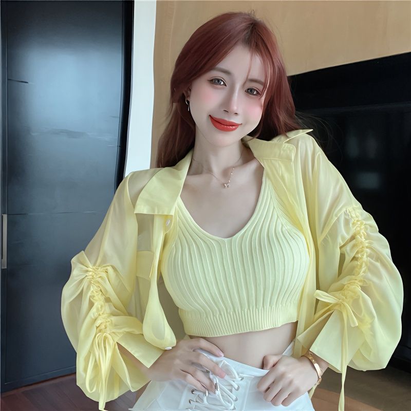 New knitted suspender shirt long-sleeved sunscreen two-piece set thin chiffon shirt drawstring long-sleeved shirt fashionable foreign style outerwear cardigan knitted vest set