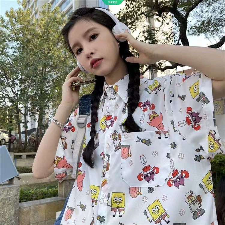 Áo Sơ Mi Ngắn Tay Dáng Rộng In Hình Spongebob Phong Cách Retro Nhật Bản Thời Trang Mùa Hè 2023 Dành Cho Nữ Sinh