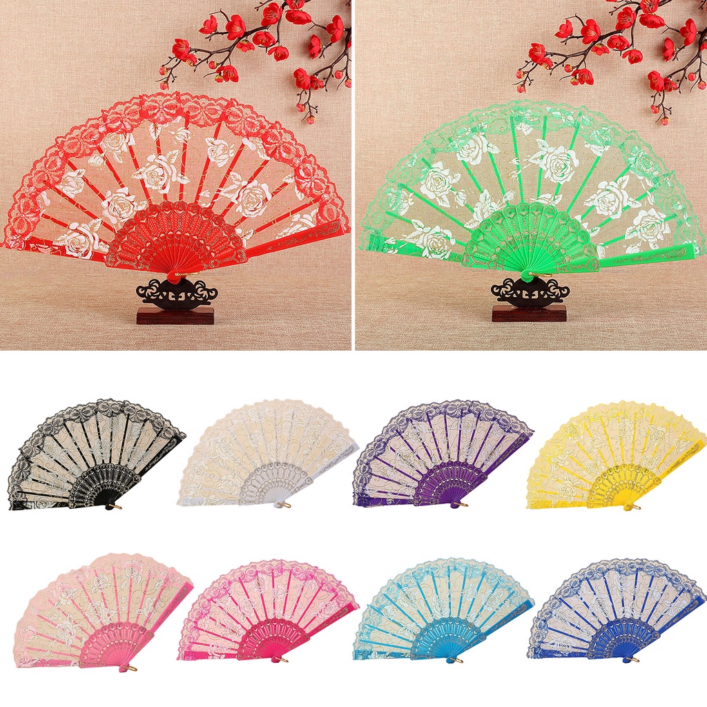 Kfr KFR✧Quạt Gấp Có Vòng Treo Mịn Màng Không Dễ Bị Vón Cục Họa Tiết Ren Hoa Hồng Dành Cho Quạt Múa Gia Đình