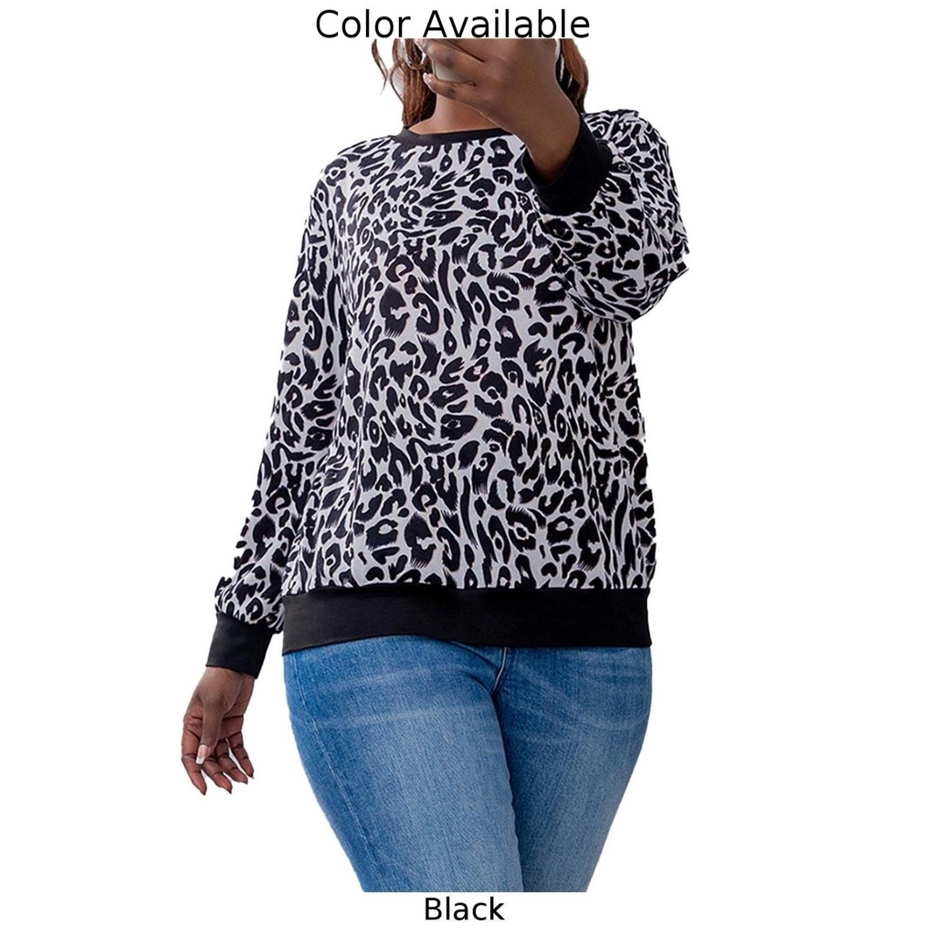 Áo Thun Nữ Cổ Tròn Dài Tay In Họa Tiết Da Báo Plus Size MM0411