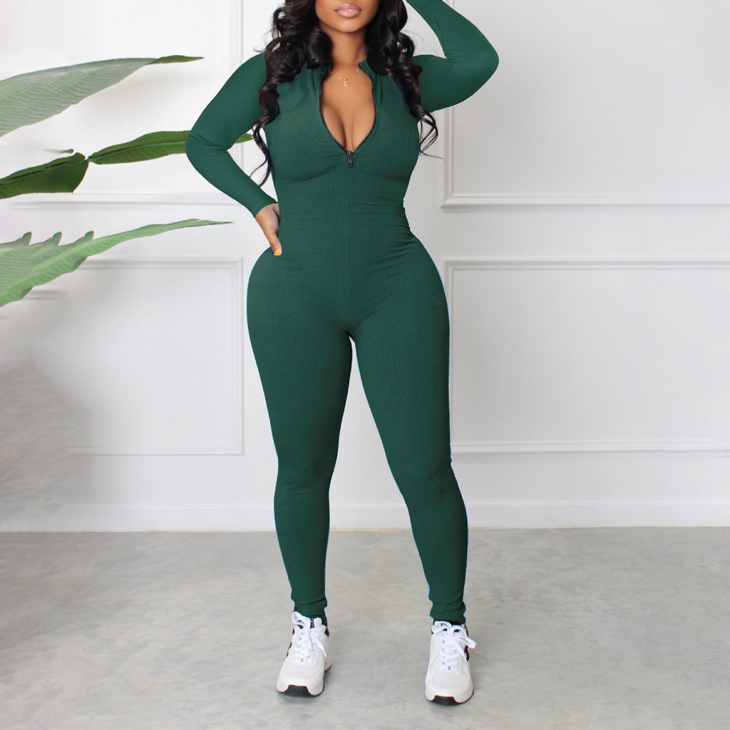 [MM0411] Áo Liền Quần Tay Dài Cổ Đứng Có Dây Kéo Màu Trơn Dành Cho Nữ