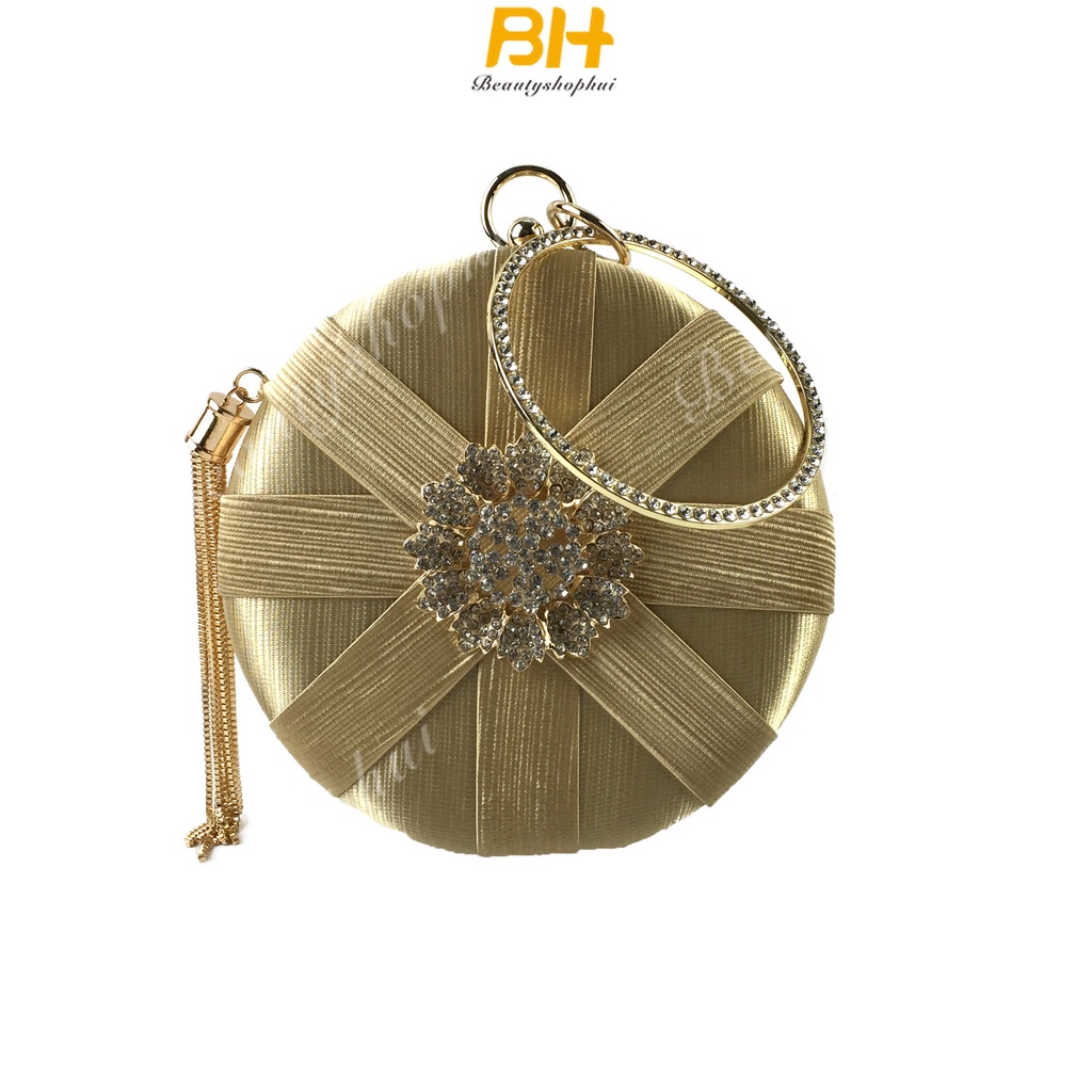 Túi Xách Dự Tiệc Đính Đá Phối Dây Xích Tròn Thiết Kế Mới Cao Cấp Thời Trang Cho Nữ