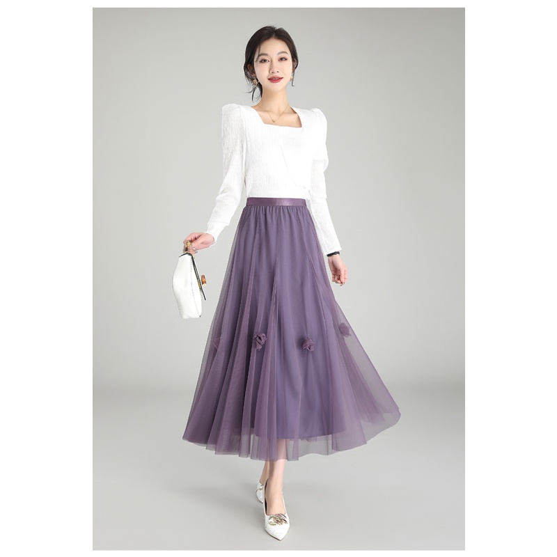 Chân Váy Xòe Chữ A Lưng Cao Co Giãn Thêu Hoa 5 Màu Thời Trang Cho Nữ