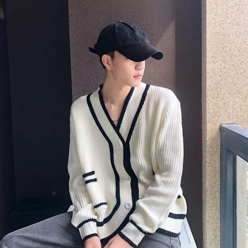 Áo Khoác Cardigan Dệt Kim Cổ Chữ V Dáng Rộng Họa Tiết Kẻ Sọc Trắng Đen Phong Cách Hàn Quốc Thời Trang Xuân Thu Cho Nam Và Nữ