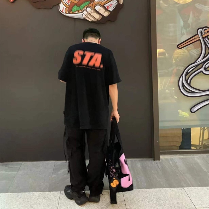 Sta &amp; Phantom Áo Thun Cotton Tay Ngắn Dáng Rộng Cổ Tròn In Chữ Xù Phong Cách Đường Phố Cao Cấp Cho Nam Và Nữ