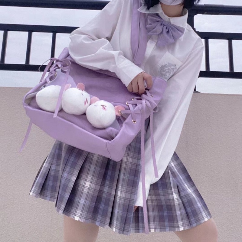 Túi canvas Đeo Chéo Trong Suốt Đính Búp Bê Dễ Thương Phong Cách Nhật Bản