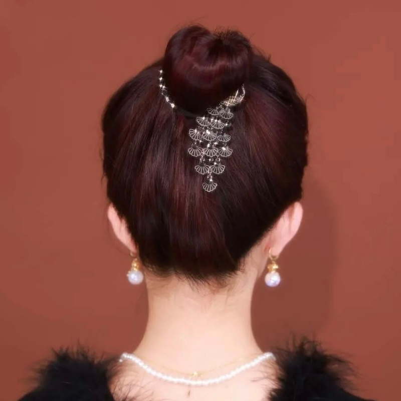Kẹp Tóc Kim Loại Cố Định Đầu Quạt / Quả Cầu Lông Công Đính Đá Phối Tua Rua Thời Trang Cao Cấp Cho Nữ