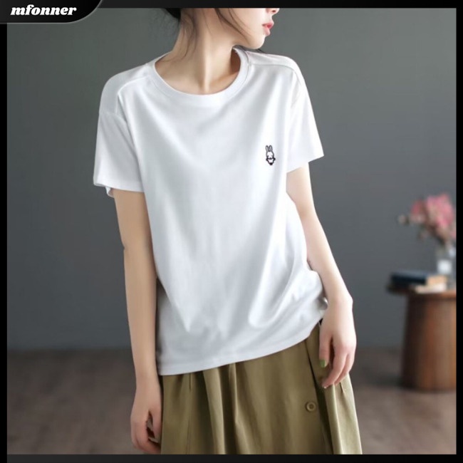 Áo Thun Tay Ngắn Cổ Tròn Thêu Hình Thỏ Dễ Thương Dành Cho Nữ