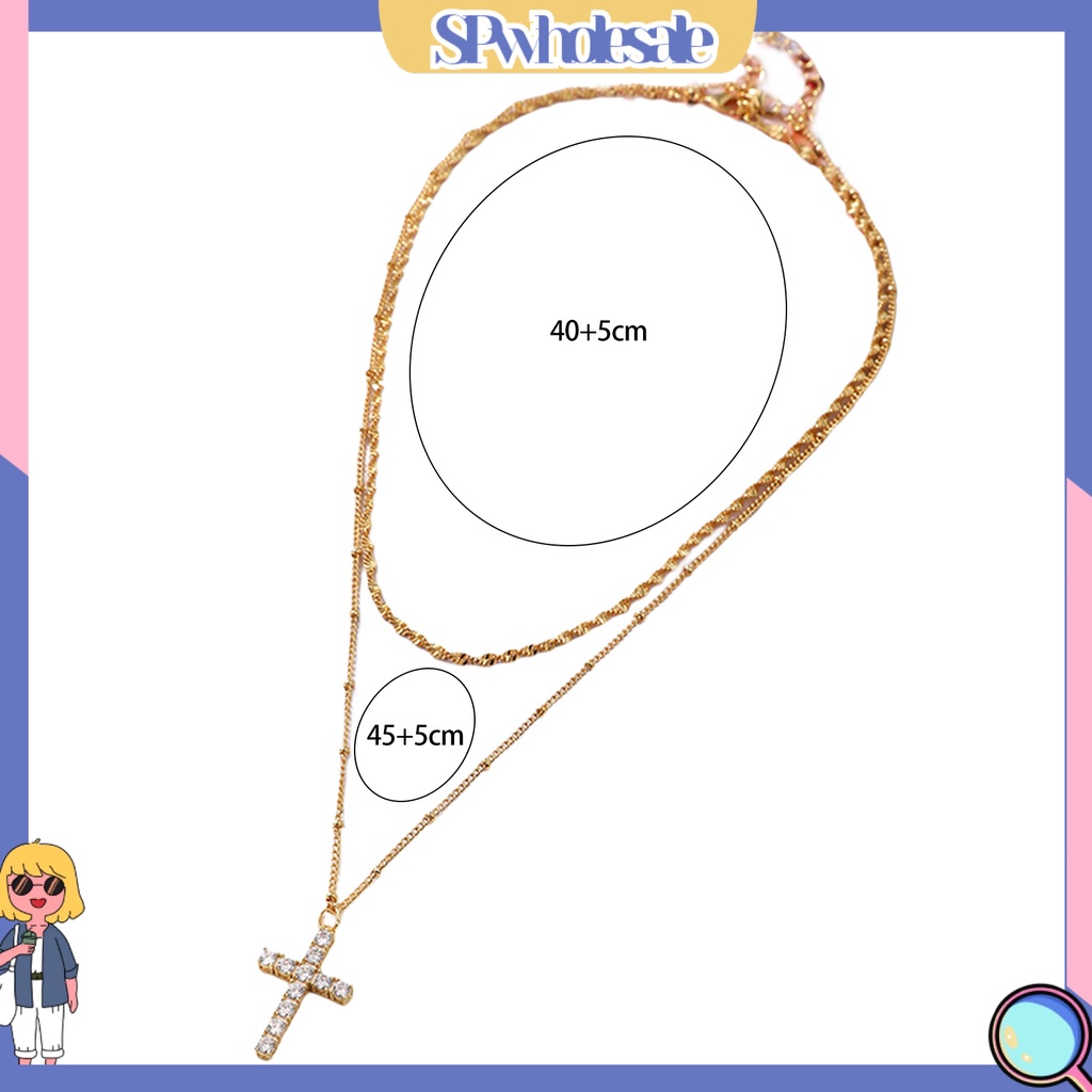 &lt;SPwholesale&gt; Vòng cổ Hai Lớp Mặt Chữ Thập Đính Đá Zircon Không Phai Màu Chống Mài Mòn Phụ Kiện Trang Sức Lãng Mạn Hàng Ngày