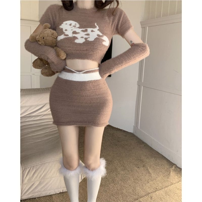 Bộ Áo Hai Dây Lông Chồn Mềm Mại + Chân Váy Buộc Dây Họa Tiết Hoạt Hình Dễ Thương Thời Trang Thu Đông 2022 Cho Bé