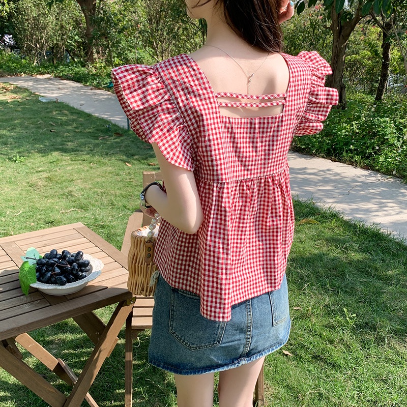 Áo Kiểu Cổ Vuông Tay Bèo Họa Tiết Sọc Caro Phong Cách Pháp Thời Trang Cho Nữ