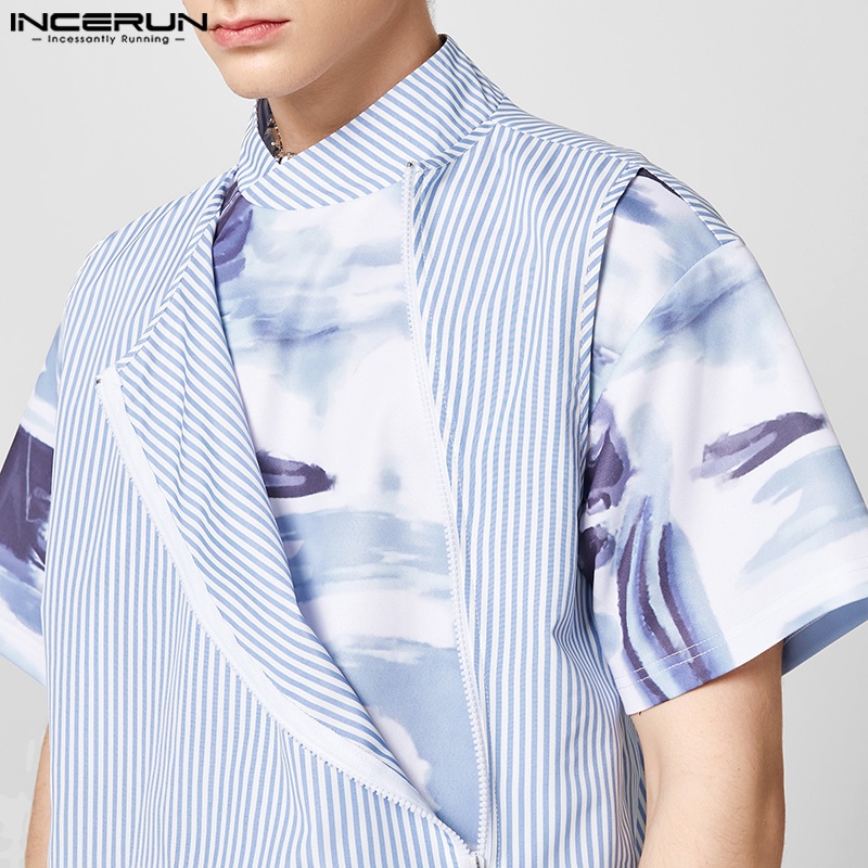 Áo kiểu INCERUN tay ngắn họa tiết kẻ sọc họa tiết phong cảnh thời trang cho nam