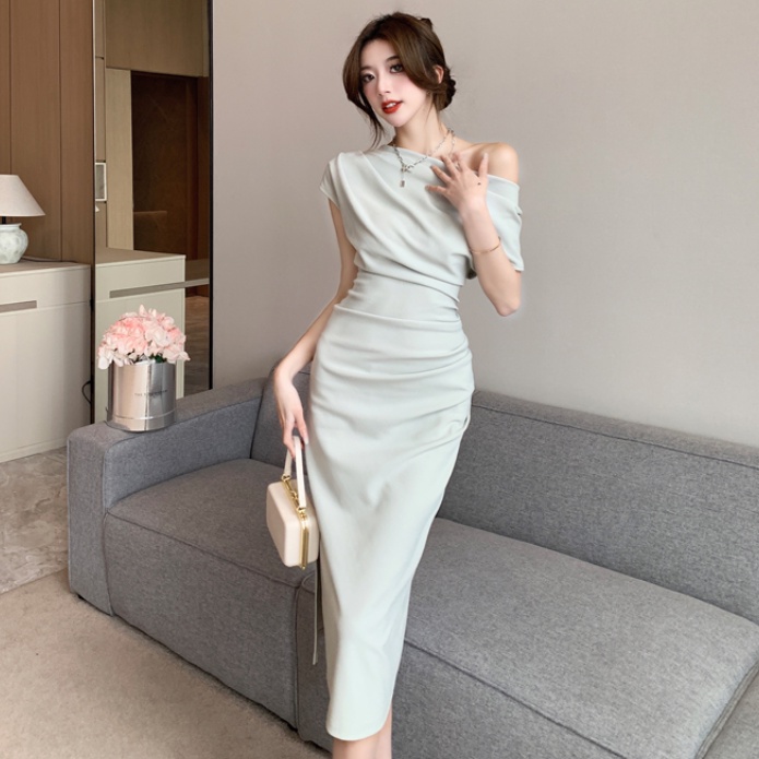 COZOK Đầm Ngắn Tay Trễ Vai Thiết Kế Lệch Tà Quyến Rũ Cho Nữ