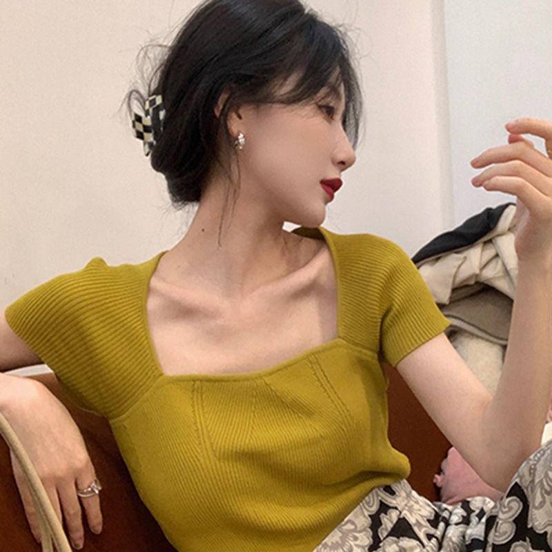 Giao Hàng Nhanh Áo Thun Dệt Kim Tay Ngắn Cổ Vuông Dáng Ôm Vải Lụa Lạnh Mỏng Thời Trang Mùa Hè Phong Cách Mới Cho Nữ