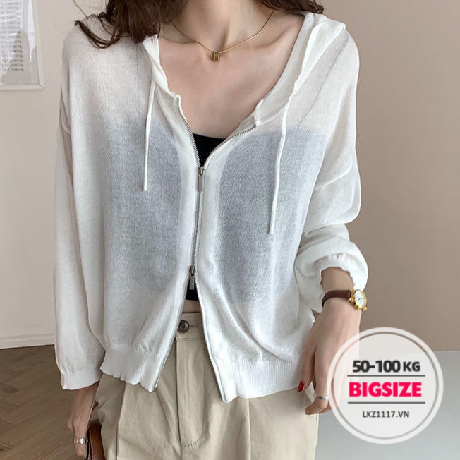 Áo chông nắng nữ Bigsize Áo khoác cardigan chông nắng hoodie lụa lạnh form rộng tay dài thiết kế khoá kéo thoáng khí Chống tia mùa hè