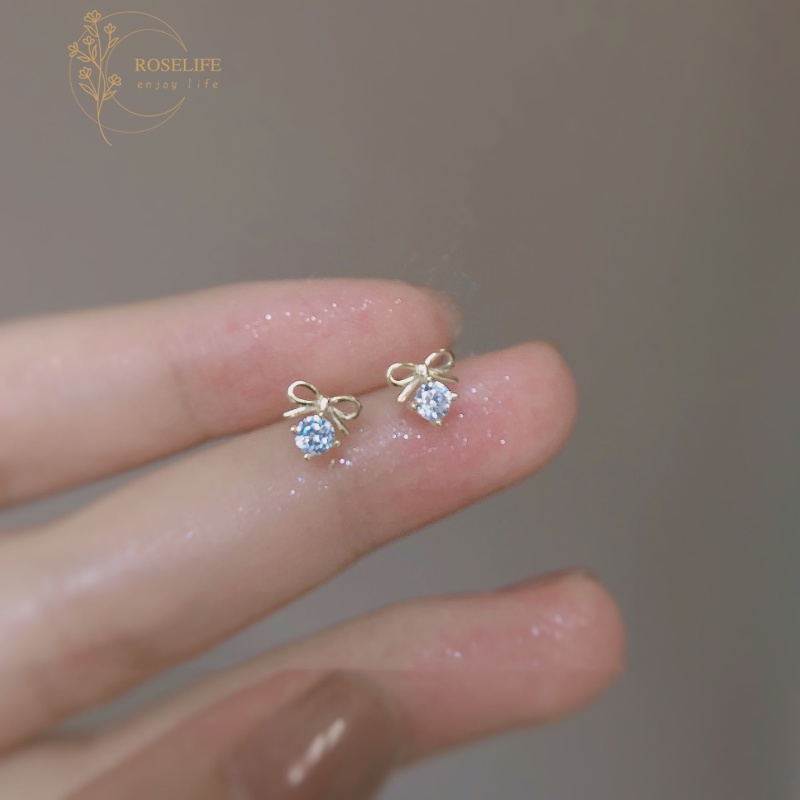 1 Cặp Bông Tai Hình Nơ Đính Đá Zircon Mini Màu Vàng 14K Phong Cách Vintage Thanh Lịch Dành Cho Nữ