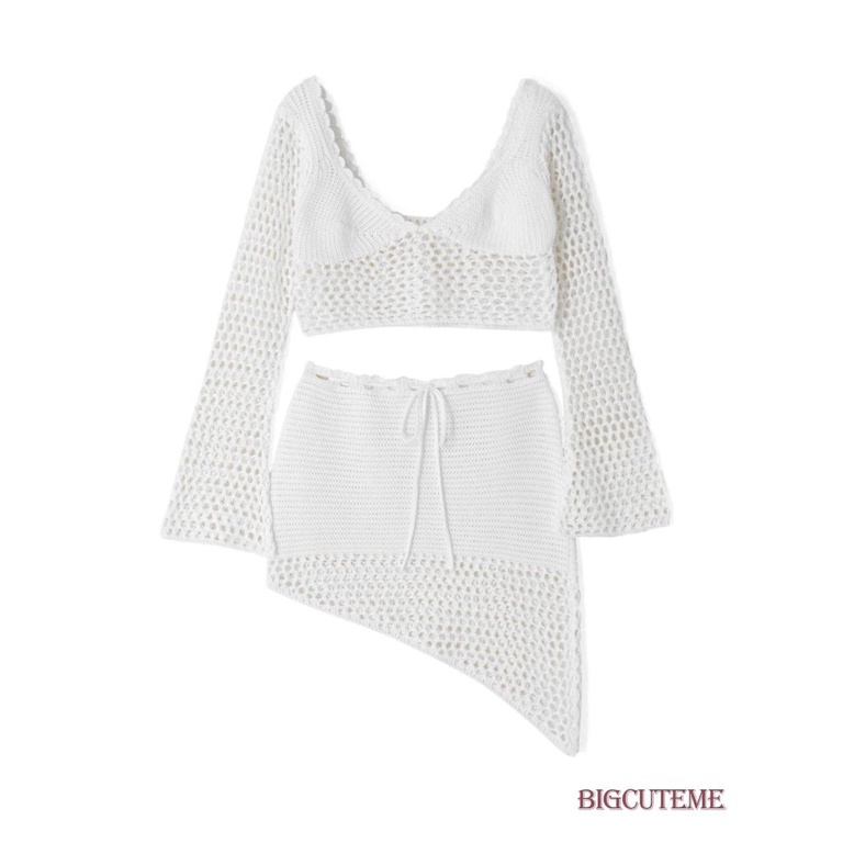 Set Đồ 2 Món Gồm Áo Dệt Kim Tay Dài Khoét Lỗ Cổ Sâu Và Chân Váy Lưng Cao Thời Trang Cho Nữ