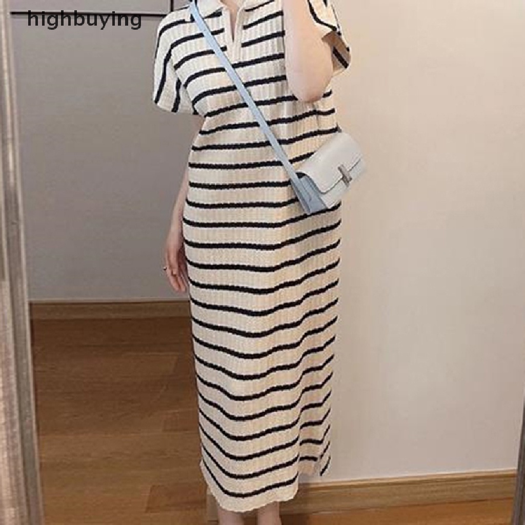 Đầm Thun Dài Cổ Chữ V Tay Ngắn Họa Tiết Kẻ Sọc Thời Trang Cho Nữ