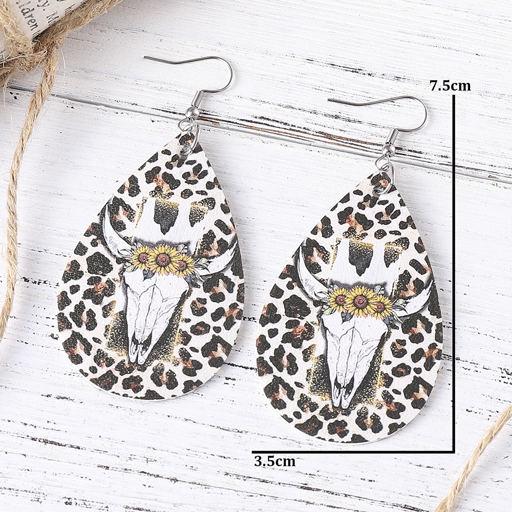 Bông Tai Da Hai Mặt Hình Giọt Nước Họa Tiết Da Báo / Hoa Hướng Dương Phong Cách Vintage