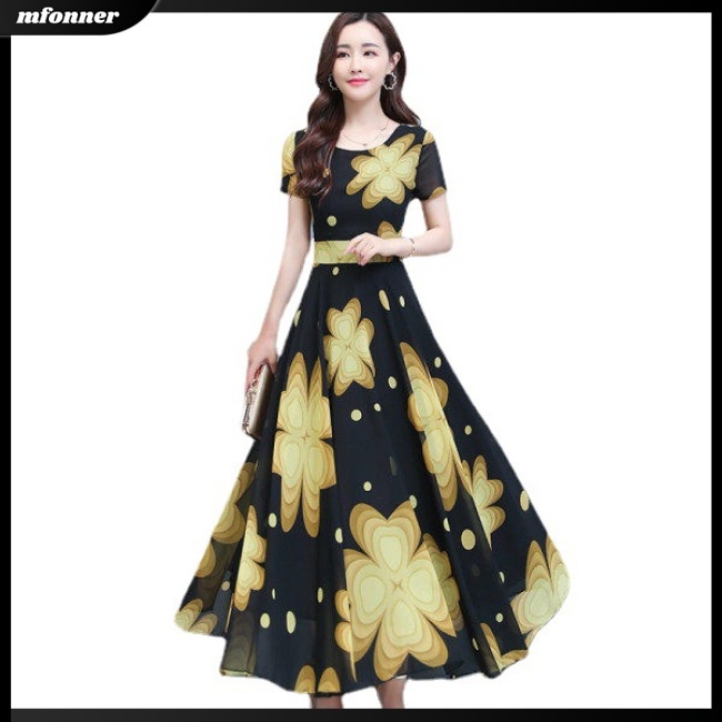 Đầm Voan Hoa Ngắn Tay Cổ Tròn Ôm Eo Thời Trang Mùa Hè Dành Cho Nữ