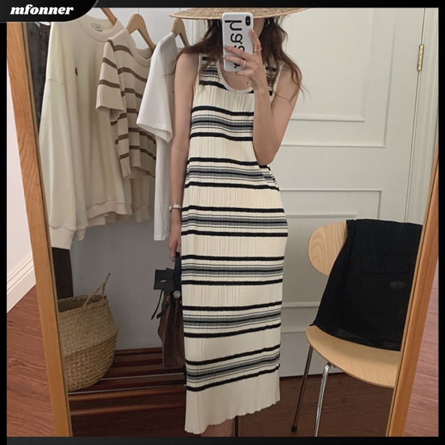 Đầm Chữ A Hai Dây Cổ Tròn Lưng Cao Họa Tiết Kẻ Sọc Màu Sắc Tương Phản Thời Trang Mùa Hè Quyến Rũ Cho Nữ