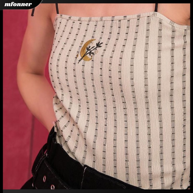 Áo Hai Dây Cotton Mềm Mại Họa Tiết Sọc Caro Thêu Hình Mặt Trăng Thắt Dây Thời Trang Cho Nữ