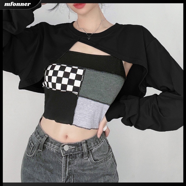 Set Đồ 2 Món Gồm Áo Sơ Mi Tay Dài Dáng Rộng Kẻ Caro Màu Tương Phản + Áo Hai Dây Thời Trang Cho Nữ