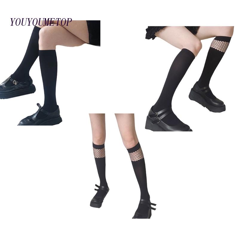 Vớ Lưới Dài Qua Gối Màu Đen Phong Cách Gothic Punk Nhật Bản Cho Nữ