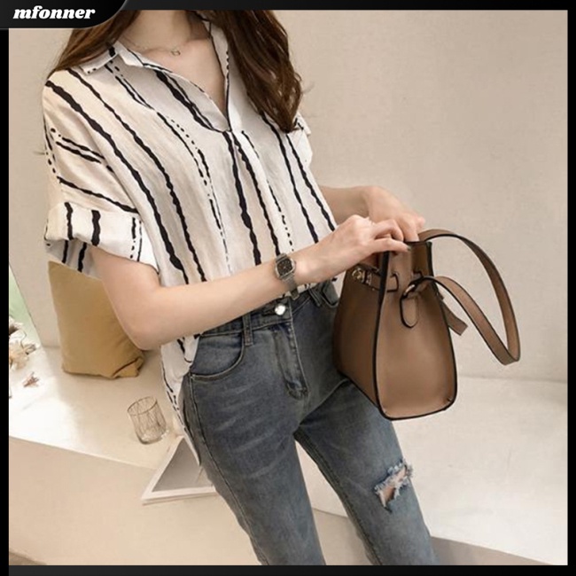 Áo Sơ Mi Tay Ngắn Dáng Rộng Họa Tiết Kẻ Sọc Thiết Kế Cỡ Lớn Thời Trang Trẻ Trung