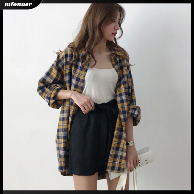 Áo Sơ Mi Nữ Tay Dài Dáng Rộng Họa Tiết Caro Thời Trang