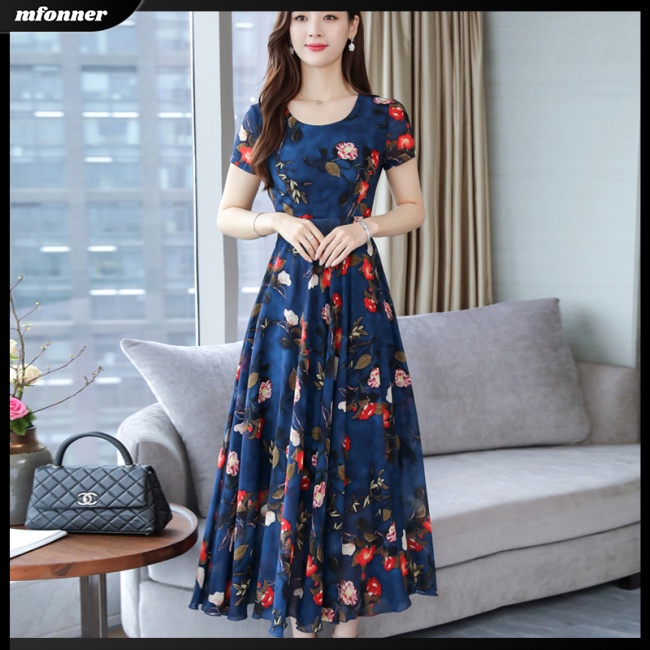 Đầm Tay NgắN Cổ TròN In Hoa ThờI Trang Cho Nữ