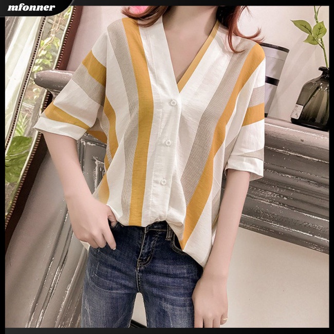 Áo Kiểu Tay Ngắn Cổ Chữ V Họa Tiết Kẻ Sọc Dáng Rộng Thời Trang Cho Nữ
